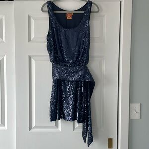 Tory Burch Alton Blue Sequin Belted Sparkle Dress Evening